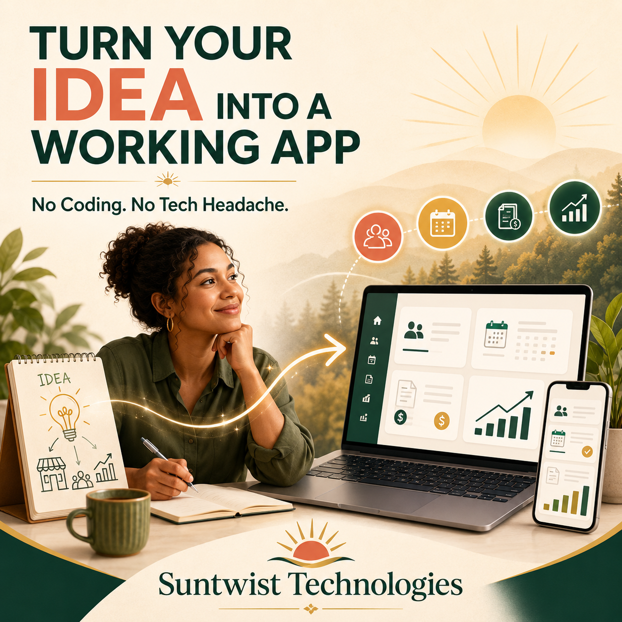 Suntwist Technologies promotional image showing how ideas become working apps